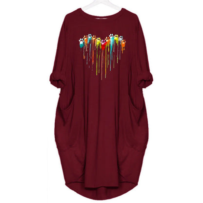Women's Spring and Summer Footprint Heart Printed Casual Fashion Loose Large Size Long Sleeve Pocket Dress
