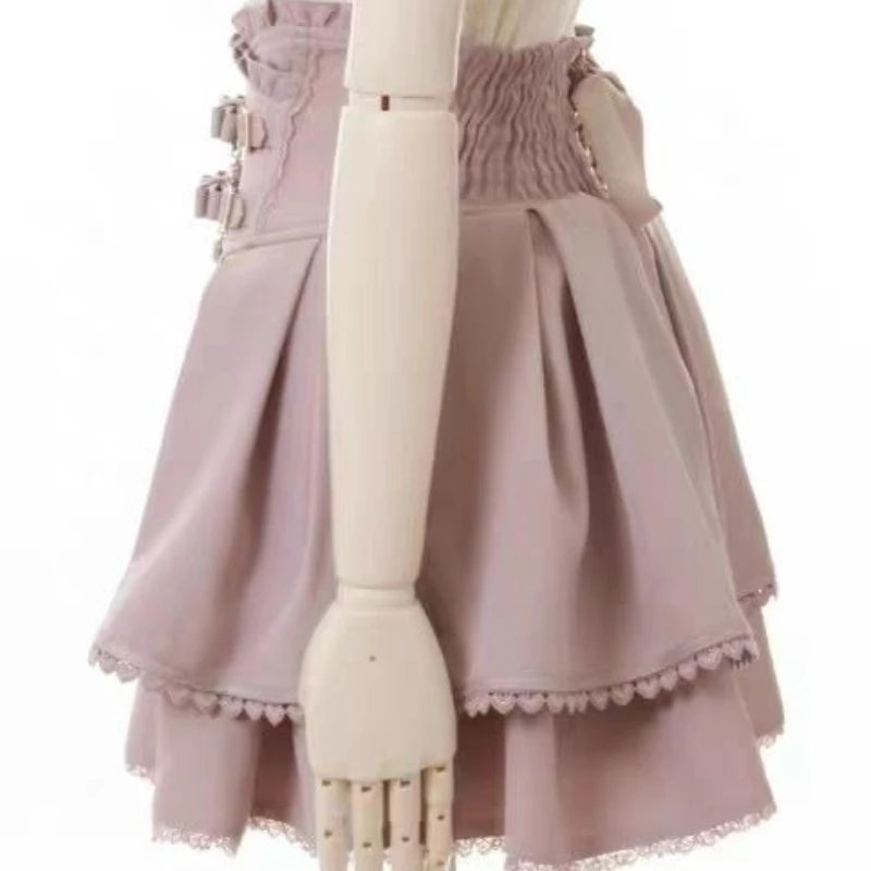 Sweet Lolita Jirai Kei High Waist Skort - Double Bow Buckle Short Skirt for Women Japanese Y2K Kawaii Fashion Summer Casual