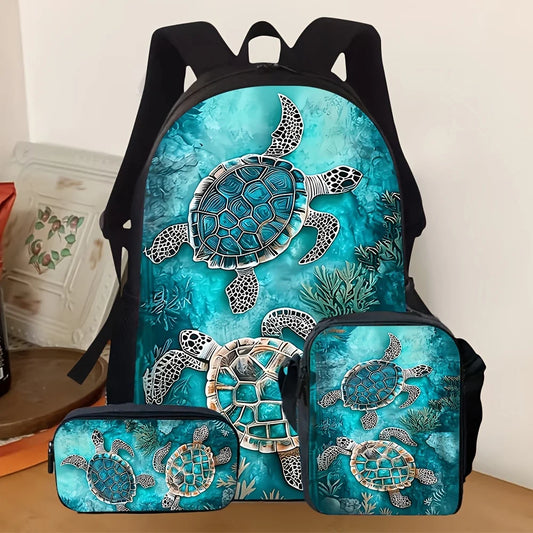 3pcs [2D Flat] Sea Turtle Printed Backpack Set, Fashionable