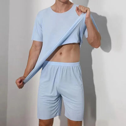 Men's Two-Piece Summer Thin Section Senior Ice Silk Feeling Round Neck Solid Color Short Sleeve Suit Sports Casual Homewear