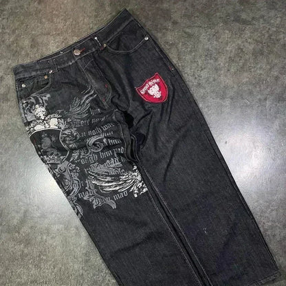 Street Fashion Trend Skull Embroidered Jeans Women Straight Wide-leg Pants Couple Casual Jeans