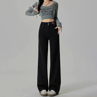 Women's Narrow Cut Wide Leg Jeans With High Waist And Hanging Feeling Straight Leg Casual Look Slim Contrasting Colors Pants