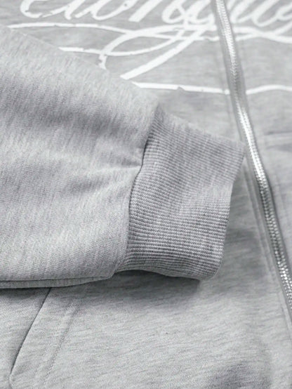 Autumn Streetwear Cropped Zip Up Hoodie Men Letter Graphic Print Front Pocket Oversized Loose Sweatshirt Casual Daily Wear 2026
