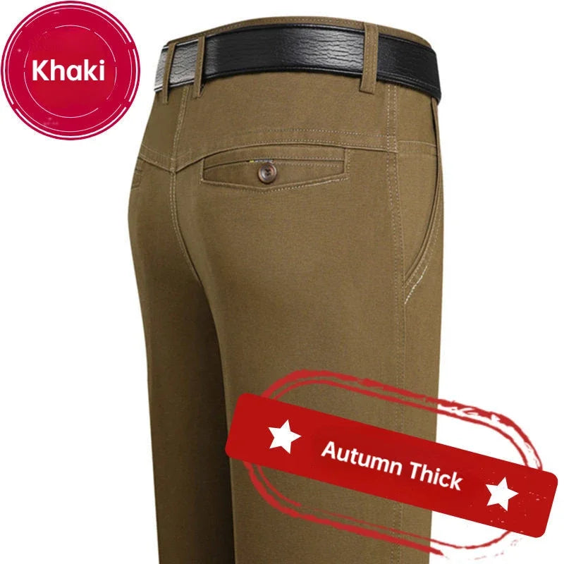 Men's Office Business 100% Cotton Pants Summer Thin & Autumn Thick High Waist Straight Loose Solid Bland Suit Slacks GOZBKF