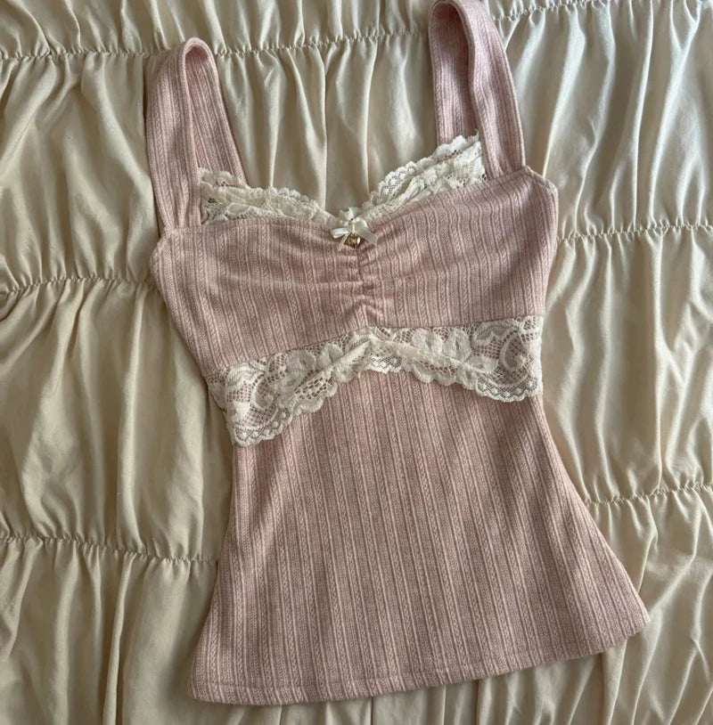 00s Retro Y2k Cottage Crop Top Coquette Clothes 90s Vintage Cutest Lace Trim Camis Women Aesthetic Grunge Slim Fit Milkmaid Vest