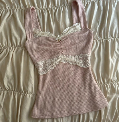00s Retro Y2k Cottage Crop Top Coquette Clothes 90s Vintage Cutest Lace Trim Camis Women Aesthetic Grunge Slim Fit Milkmaid Vest