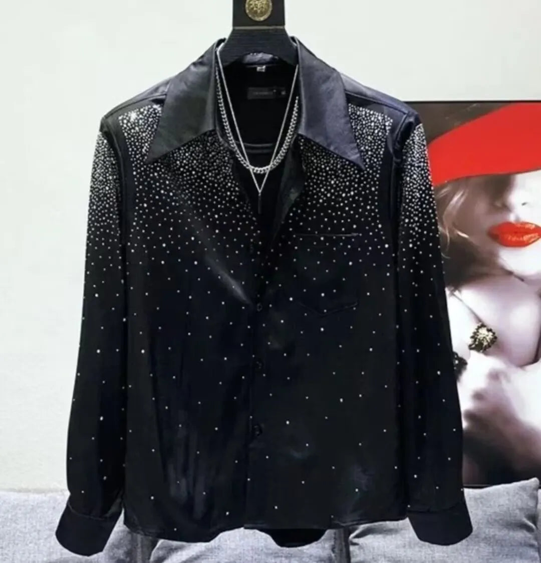 2026 Spring Autumn Luxury Men Streetwear Shirt Shiny Rhinestone Design Loose Natural Silk Casual Long Sleeve Shirt