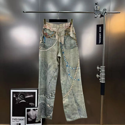 Y2k Jeans Baggy Fashion New Product 3D Printed Lace Pearl Chain Straight Tube Women Pants High Waisted Jeans Pants for Woman
