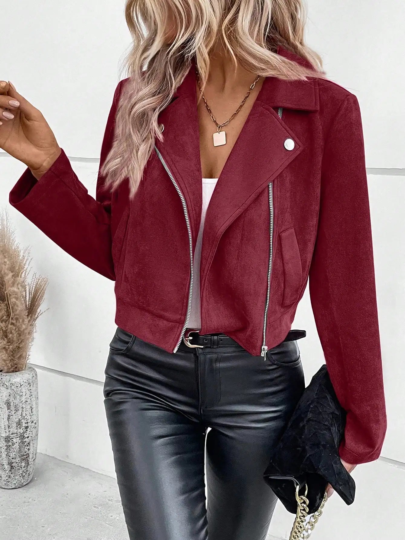 Faux Suede Women Jakcet Zipper Fly Lapel Buttons Motorcycle Jacket Leather Jacket Windproof High Street Biker Jacket Cardigan