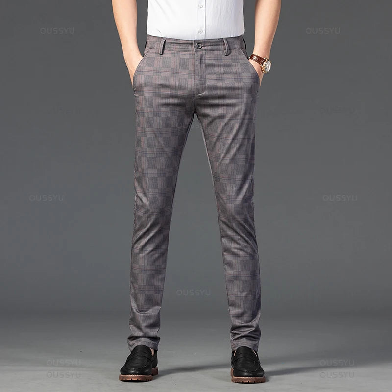 2024 New Men's Casual Plaid Pants Business Casual Slim Fit Black Blue Red Khaki Classic Style Trousers Male Brand Luxury Clothes