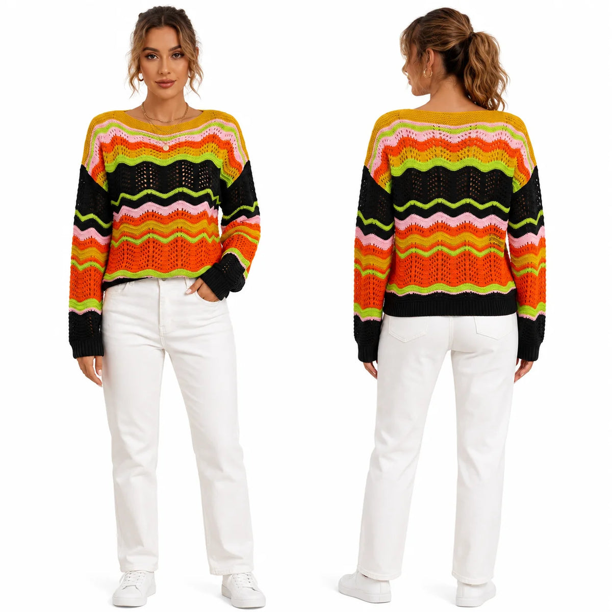 Colorful Wave Stripe Crochet Knit Sweater for Women, Hollow Out Long Sleeve Crewneck Loose Pullover Top, Y2K Retro Bohemian Sweater