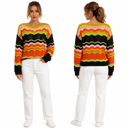 Colorful Wave Stripe Crochet Knit Sweater for Women, Hollow Out Long Sleeve Crewneck Loose Pullover Top, Y2K Retro Bohemian Sweater