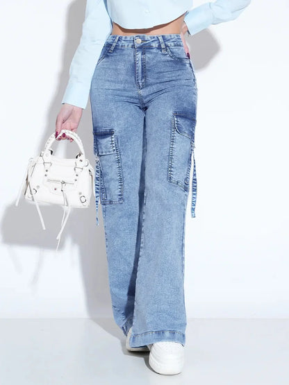 Women's Washed Utility Jeans with Multiple Pockets - Stylish and Practical Denim Pants for Everyday Wear