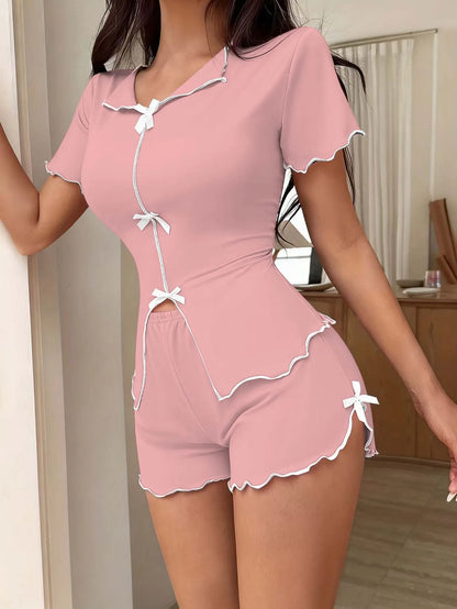 Women's Sweet Pajamas Set Bow Short Sleeve Top And Shorts Sleepwear 2 Piece Set For Women Summer Casual Elastic Homewear