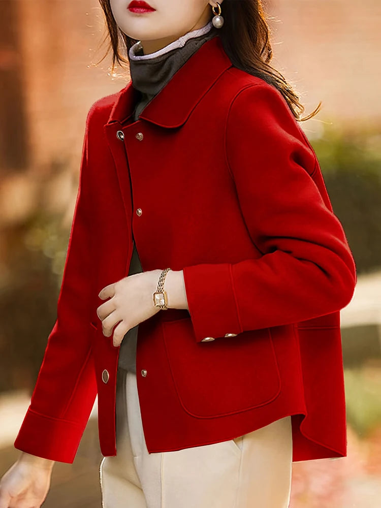 Classic Solid Short Woolen Coats for Woman Autumn Winter Warm Woman Clothing Button Up Female Coat Outfits New In Outerwears