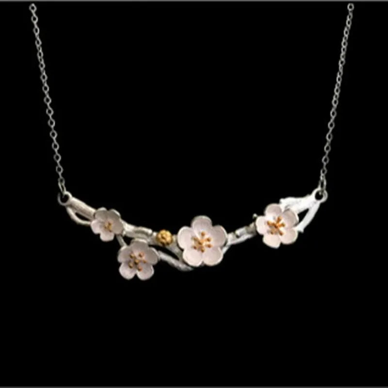 Silver Necklaces Plum Flower Pendants&Necklaces Jewelry Collar Colar de Plata