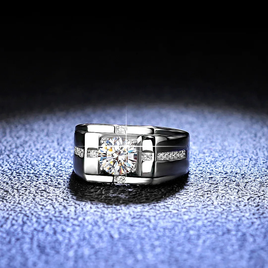 Solid 18K White Gold Ring 1CT Moissanite Male's Wedding Ring Stone Certified Natural Diamond Rings For Man D Color VVS1 Jewelry
