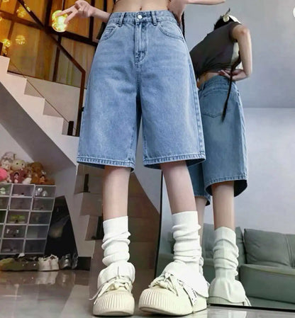 Light blue high-waisted denim shorts