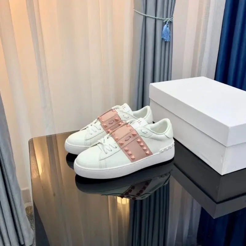 Casual Versatile Leather Sneakers Unisex Trendy Rivet Decorated Sport Shoes Breathable Comfortable Massage Function for Couples