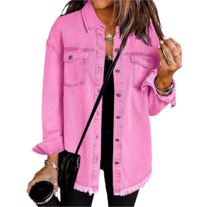 Autumn Winter New Women's Outerwear Denim Shirt Jacket Washed Finish Distressed Hem Single Row Buttons Pockets Street Fashion