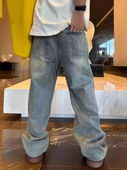 Light Blue Jacquard Streetwear Jeans for Men & Women - Straight Flared Pants with Elastic Waistband, Machine Washable, All-Seaso