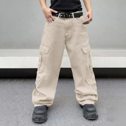 Baggy Denim Cargo Pants for Men with Pockets Mid Weight Wide Leg Hip Hop Skater Jeans Streetwear