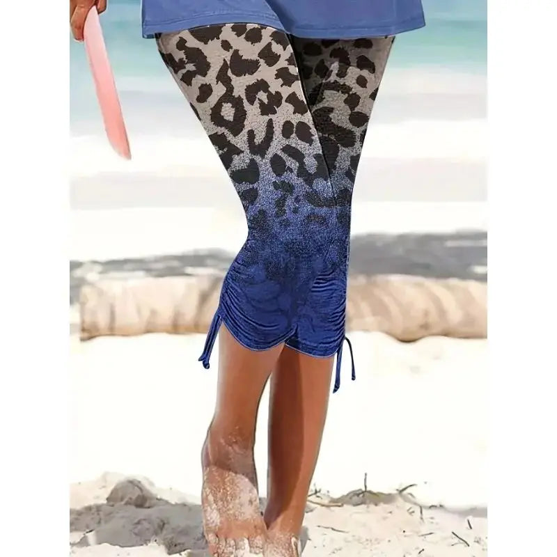 Plus Size 1XL-5XL Women's Casual Loungewear Bottoms Ombre Leopard Print Lace Up Home Wear Capri Pant