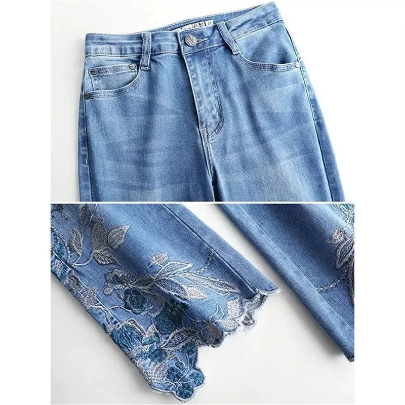2025 Spring/Summer New Thin Embroidered Jeans Women's Stretch Embroidered Nine Part Pants Retro Versatile Micro Bellbottom Pants