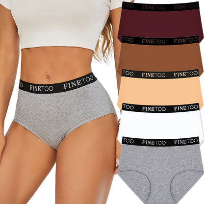 FINETOO 5Pcs Cotton Women Panties High Waist Breathable Soft Ladies Underwear Elastic Waistband Briefs S-XXL Comfortable Briefs