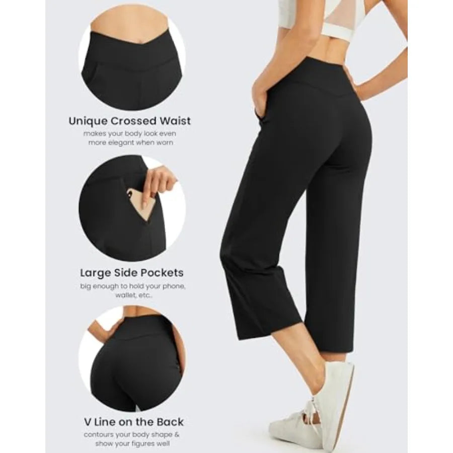 G4Free Capri Pants for Women Wide Leg Yoga Dress Capris with Pockets Cross Loose Casual Work Crop Pants