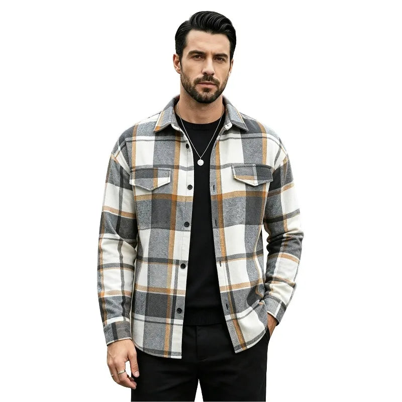 Men's Plaid Flannel Shirt Long Sleeve Button Down Casual Shacket with Flap Pockets Autumn Winter Streetwear Top