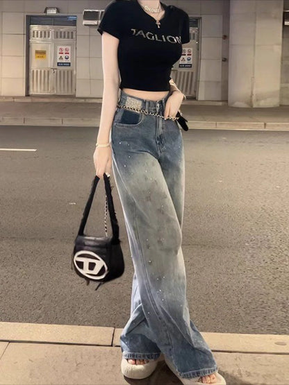 Blue Womens Jeans High Waist Shot Denim Pants for Women Straight Leg Trousers Stylish Wholesale Medium Wash Trend 2025 Original