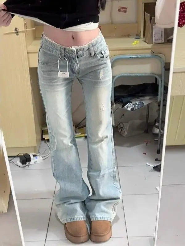 Low Waist Bell Bottom Jeans Women's Light Blue Washed Lace Splicing Design Spring Summer New Style Slimming Versatile Denim J...