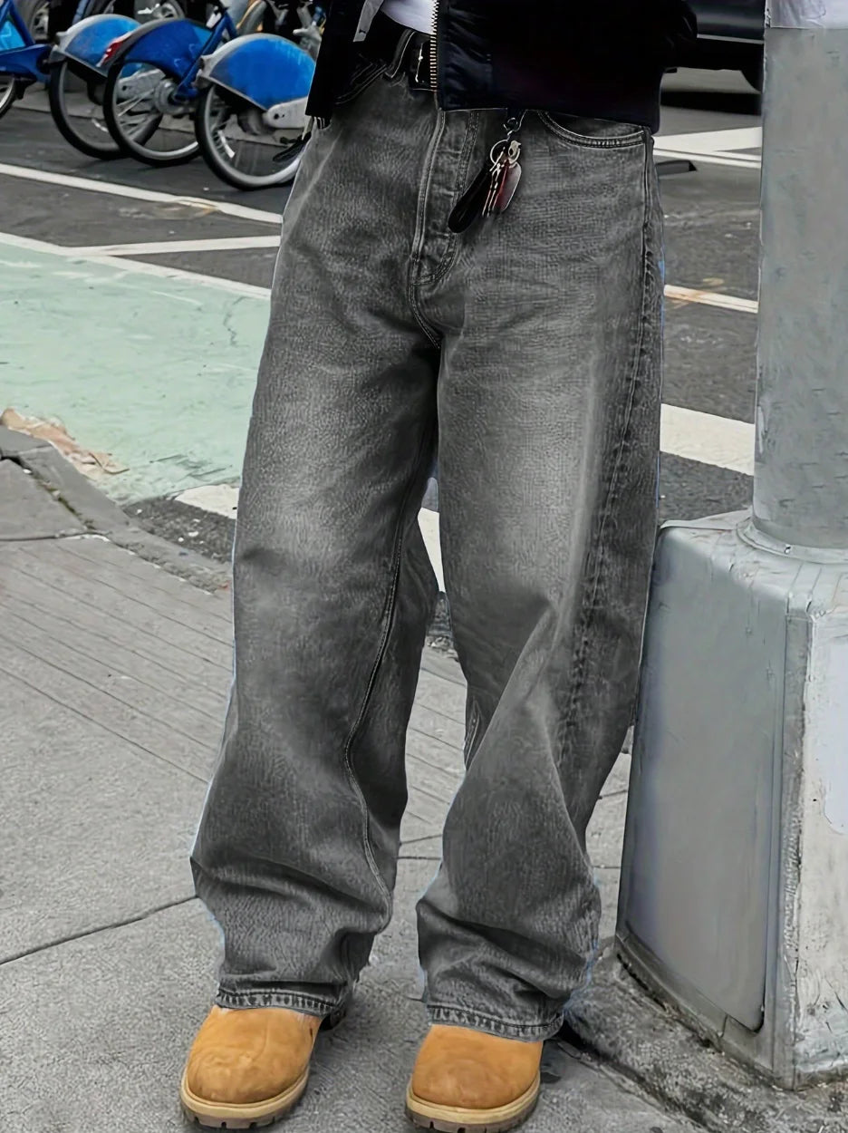 MEN Anime Spring Casual Solid Color Star Patched Casual Jeans With Pockets, School