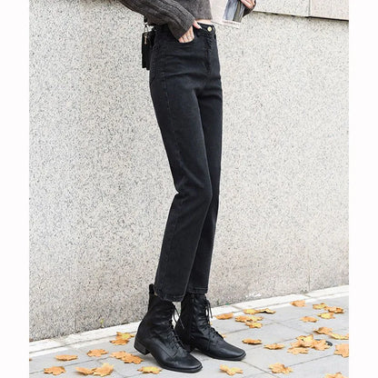 Lady Classic Solid High Waist Jeans Female Black Narrow Straight Leg Pants Girls Korean Leisure Fashion Denim Trousers