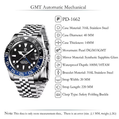 PAGANI DESIGN 40MM Men Mechanical Wristwatch Stainless Steel GMT Watch Top Brand Sapphire Glass Waterproof Automatic Watches Men
