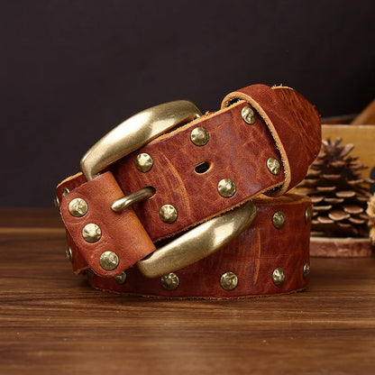 Punk Trend Rivet Men Belt Thicken Genuine Leather Brass Pin buckle Washed Retro Distressed Pure Cowhide Personalized Denim Belt