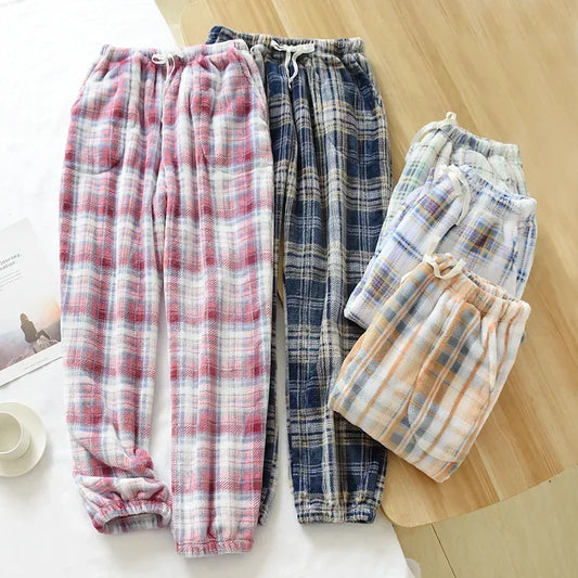 Pajama Pants Women's Autumn and Winter Trousers Couple Warm Pants Thickened Loose Warm Beam Feet Flannel Men's Home Pants