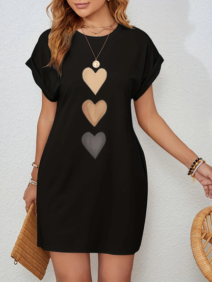 Women'S Casual Knit TShirt Dress with Heart  Print Crew Neck Short Sleeve Fashionable Top Black with Colorful Flag Design