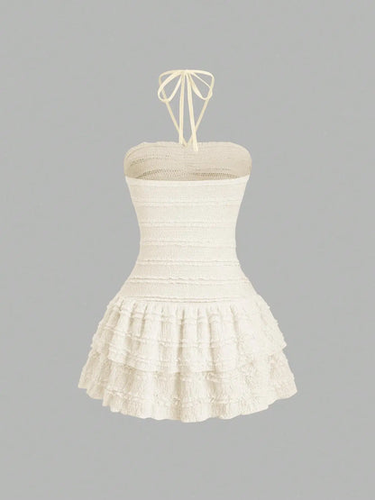 Ladies Solid Color High Elastic Fabric Backless Neckline Mini Skirt with Hem Ruffle Design Elegant Casual Style
