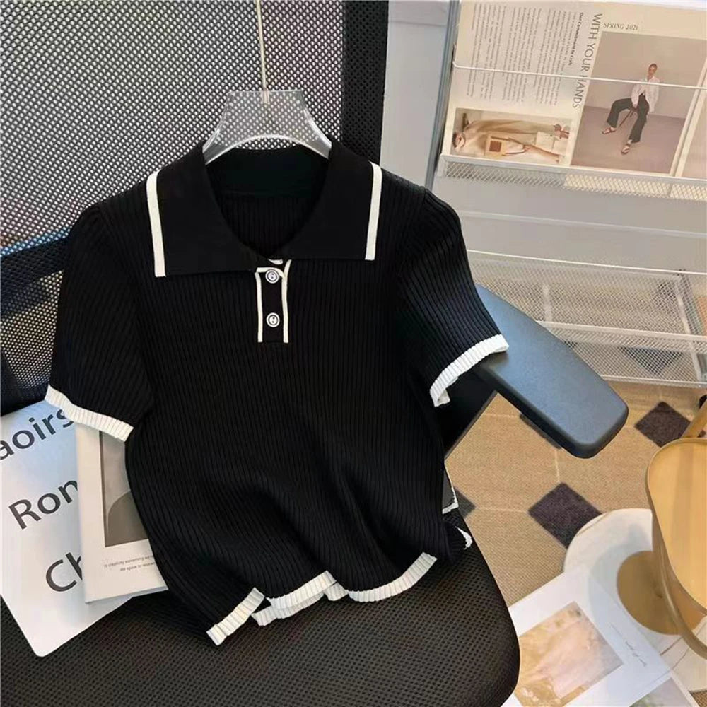 Smvp Ice silk knitted short sleeved T-shirt for women's summer 2024 new fashionable and stylish polo shirt top