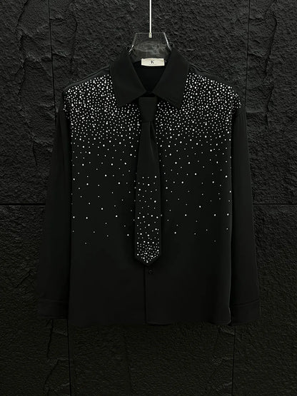 Men's 2025 Spring Summer New High-End Tops Fashion Rhinestone Long Sleeve Solid Color Shirts Men's Trendy Loose Comfort Shirts
