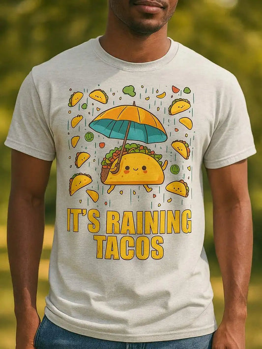 Its Raining Tacos Cartoon Print Mens 100% Cotton Crew Neck Short Sleeve T-Shirt
