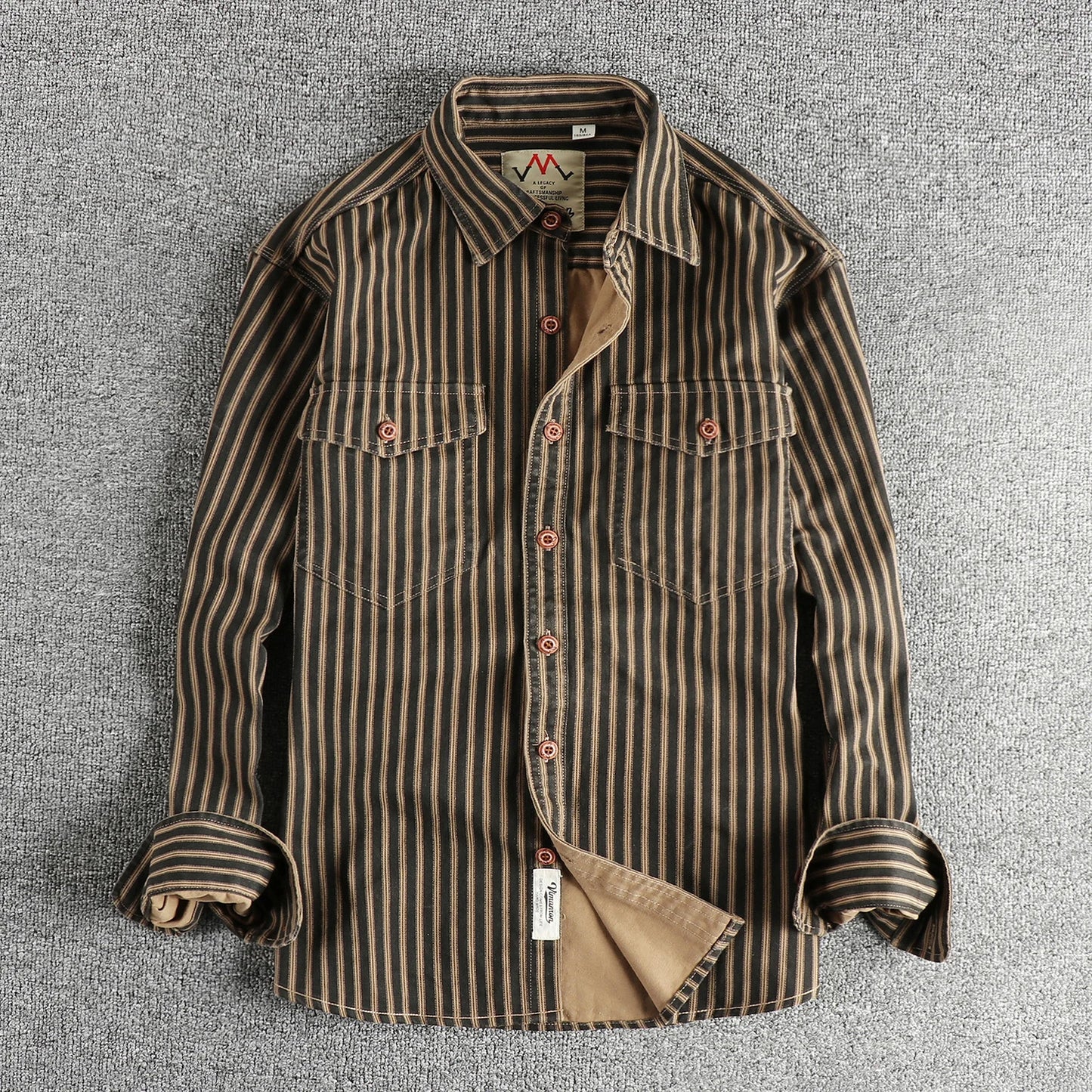 2025 Autumn and Winter New American Retro Stripe Long-Sleeve Lapel Shirt Men's Simple Fashion Washed Multi-Pocket