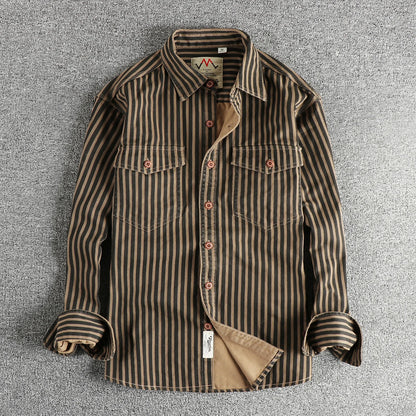 2025 Autumn and Winter New American Retro Stripe Long-Sleeve Lapel Shirt Men's Simple Fashion Washed Multi-Pocket