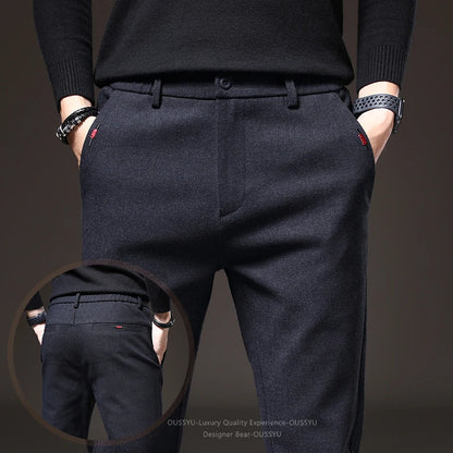 Good Quality Autumn Casual Pants Men Business Slim Elastic Waist Stretch Work Brushed Fabric Blue Trousers Male Brand Clothes