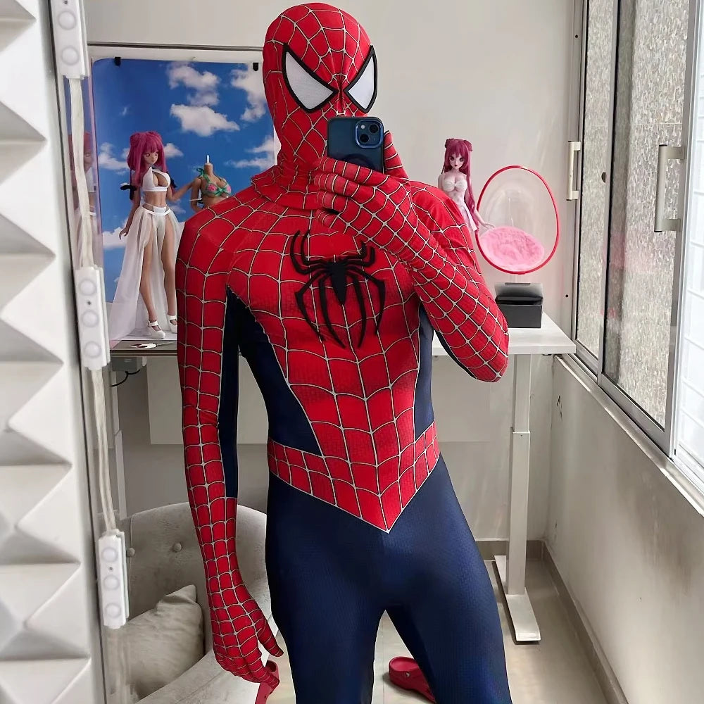 Maguire Raimi SM Cosplay 3D LOGO Spidey Costume Superhero Zentai Bodysuit Spandex Halloween Costume Disfraces Adult