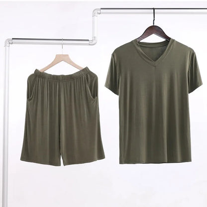 Summer Men's Modal Short Sleeve Shorts Set V-Neck Loose Fit Comfortable Sleepwear Home Clothes Mid-aged And Elderly Suitable