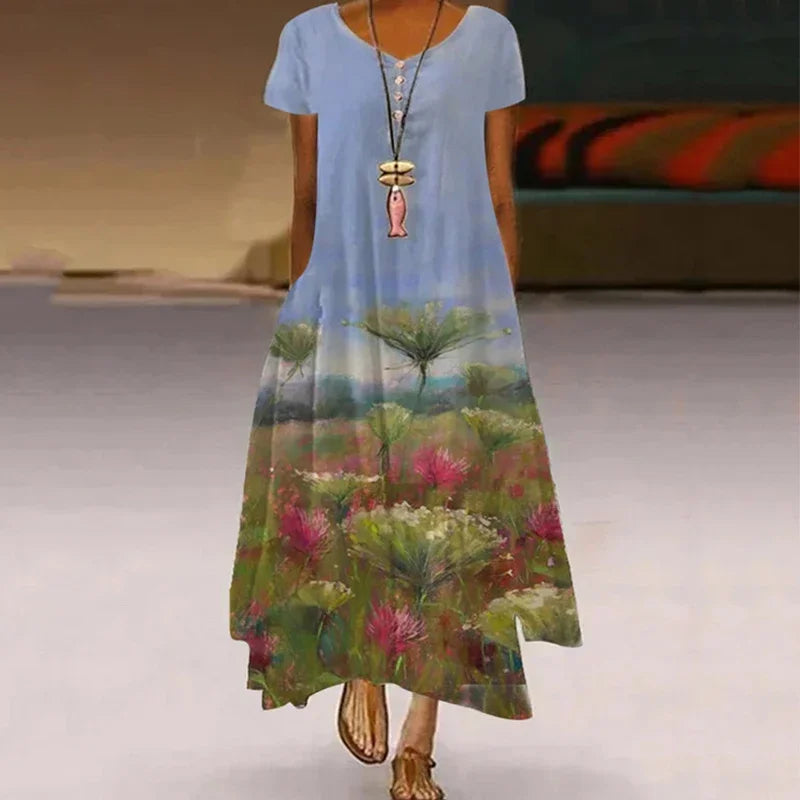 Women's Fashionable Dandelion Short Sleeved Dress Summer Casual Print Long Dress