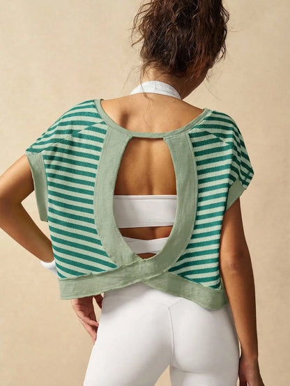 Women Striped Open Back Workout Top Gym Crop Top Summer Active Wear